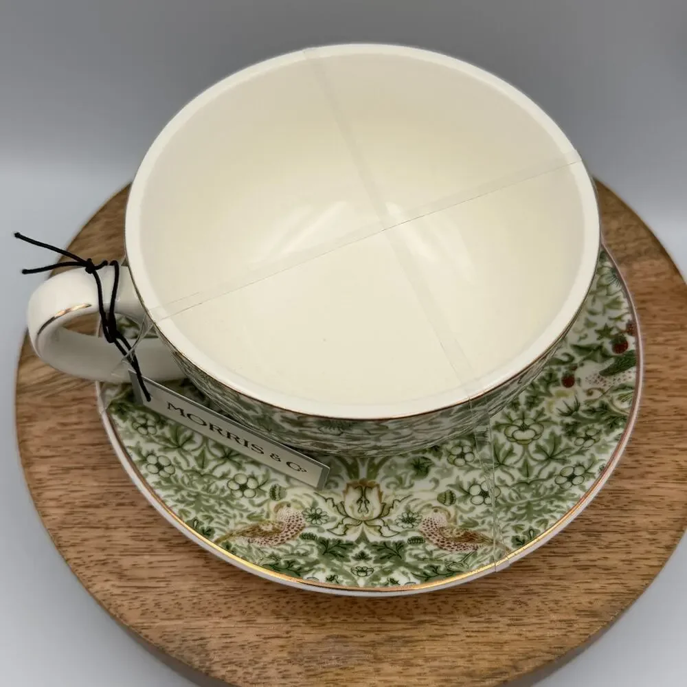 William Morris & Co Strawberry Thief Green Floral Teacup & Saucer Set NWT